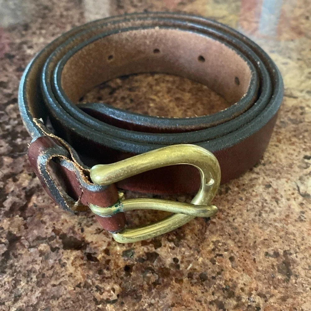 Fossil Brown leather Belt Mens M Solid Brass Buckle Simple minimalist Western